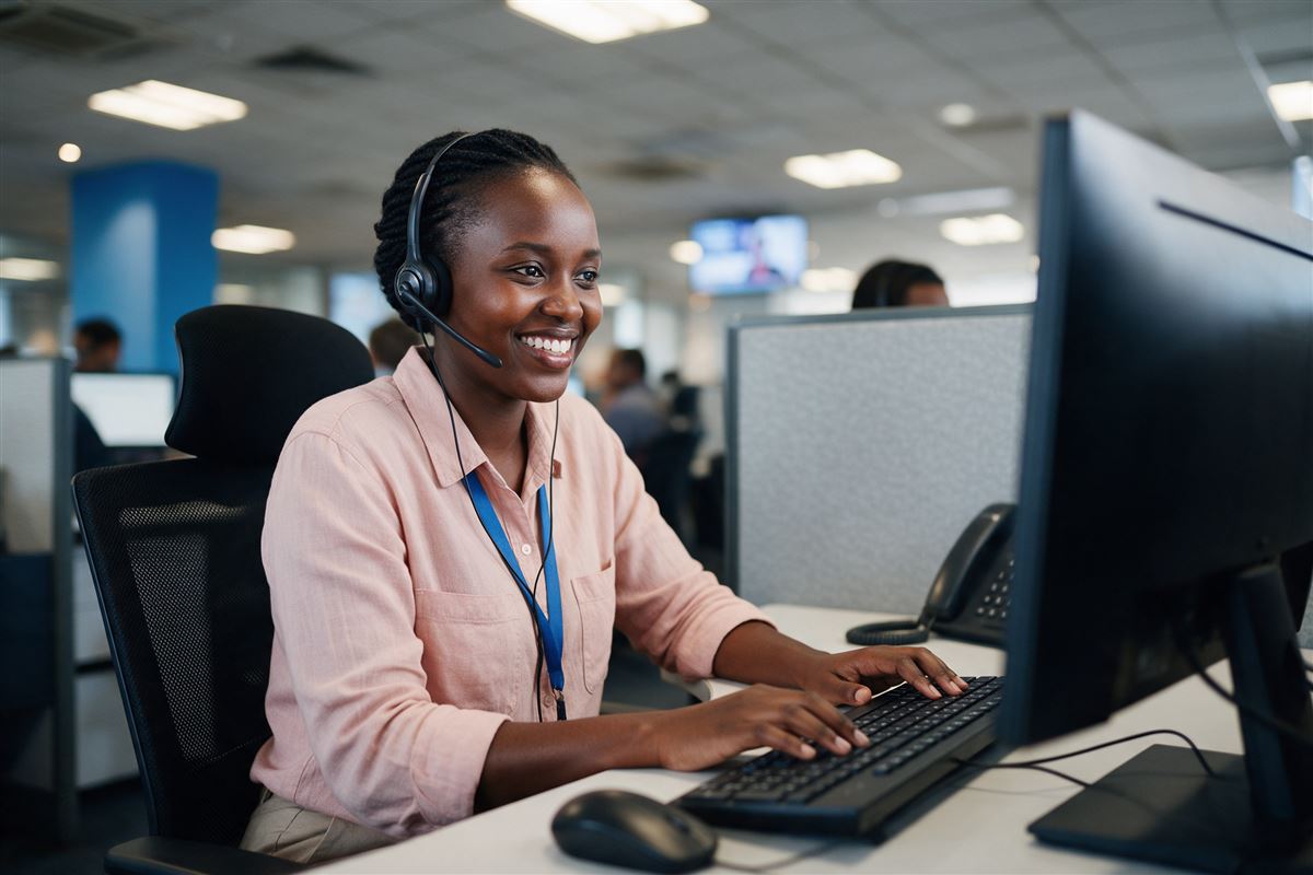 A smiling call center agent with a headset at her desk in a Nairobi contact centre