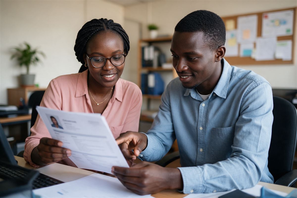 A career advisor reviewing a printed CV with a young Kenyan job seeker