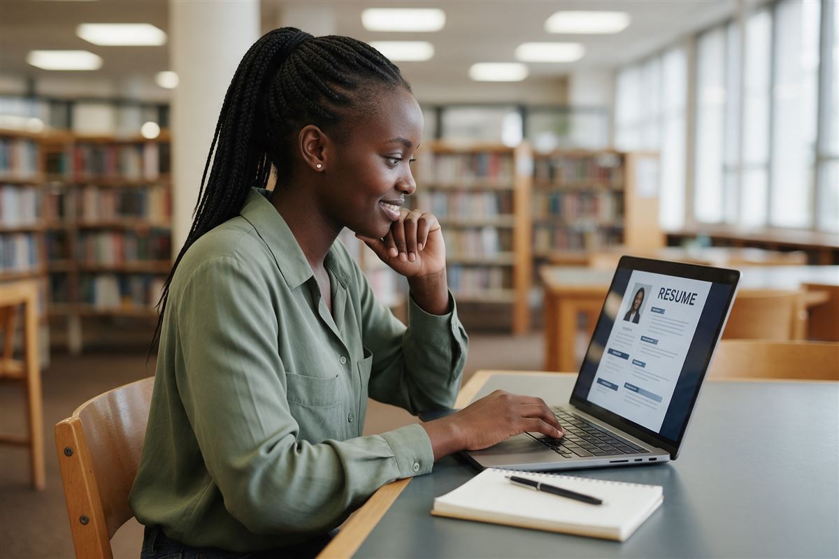 A Kenyan student making her resume on a laptop in a campus library