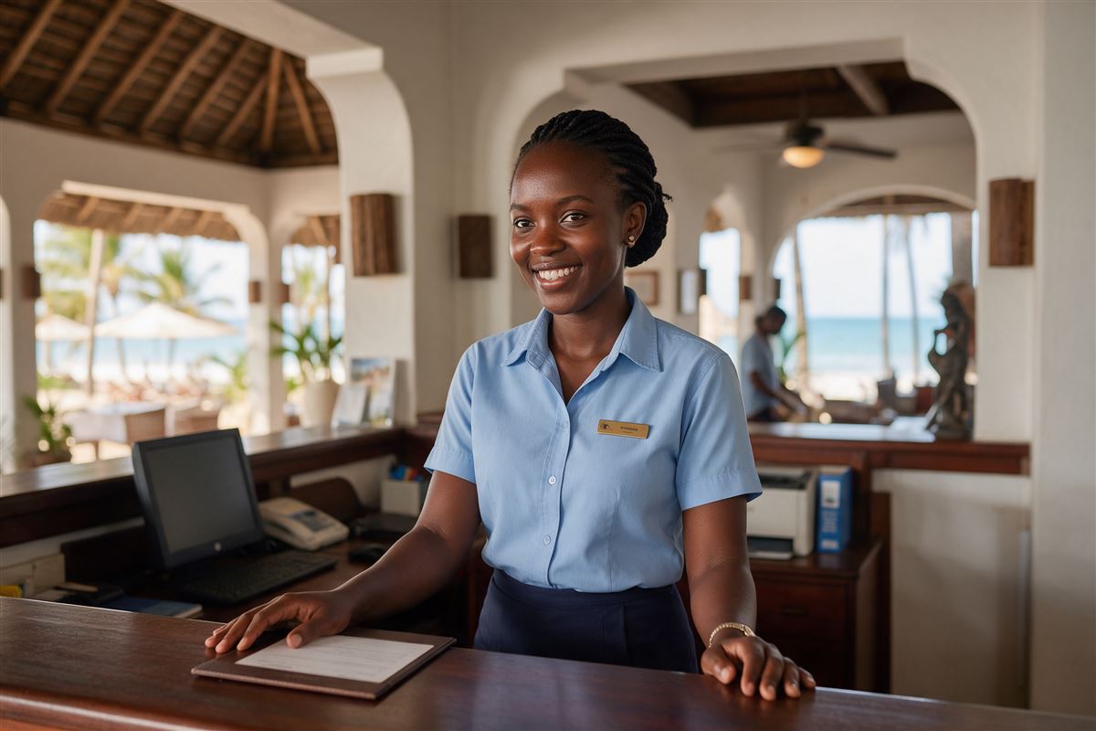 A guest relations officer welcoming guests at a coastal hotel reception in Kenya