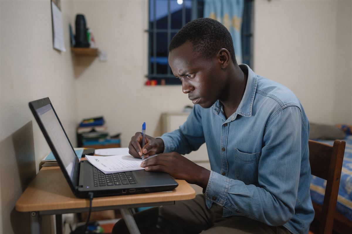 A young Kenyan man writing his CV at a desk at home in the evening