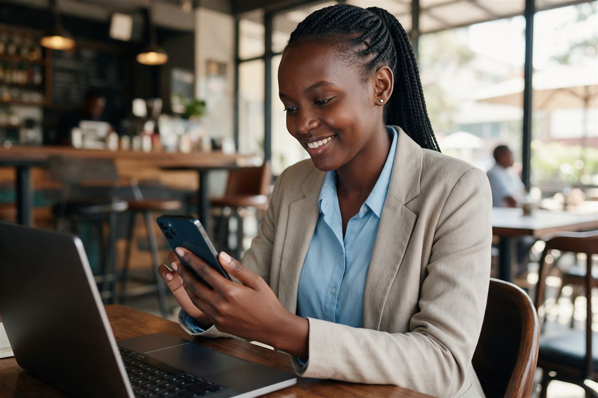 A young Kenyan job seeker smiling as she checks her tailored CV on her phone