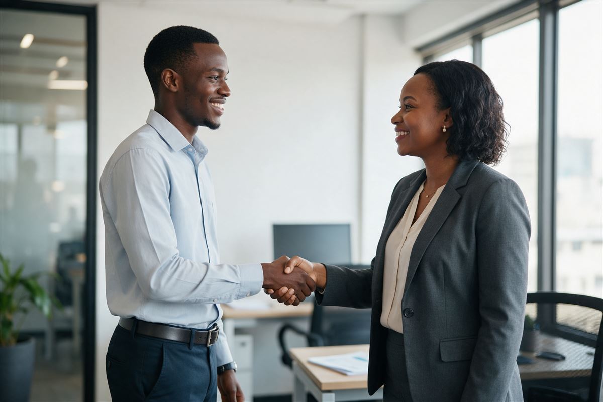 A smiling Kenyan job candidate shaking hands with an HR manager after an interview